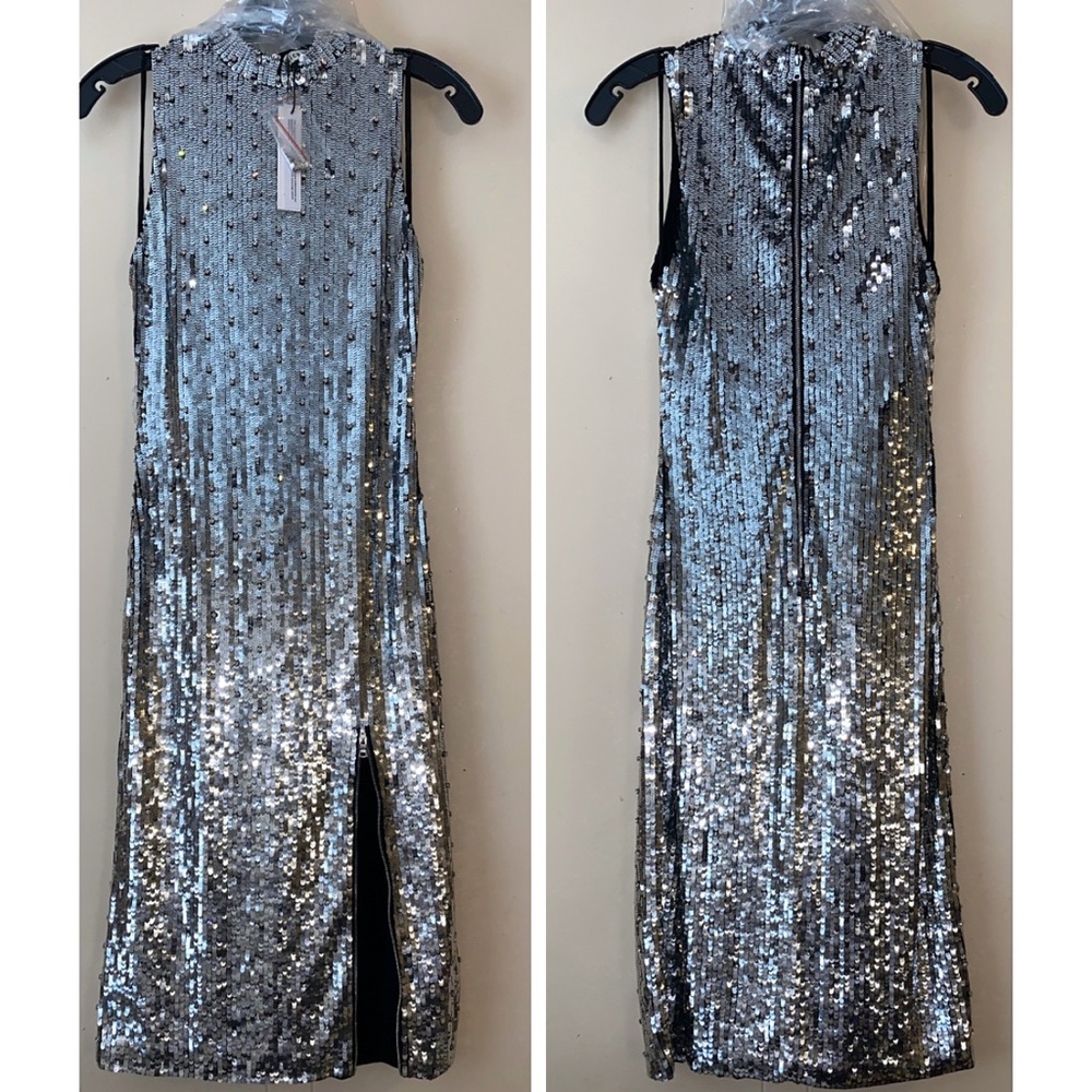 π· π Alice + Olivia Crystal Embellished Sequined Silver Metallic Malika Dress - Picture 7 of 15